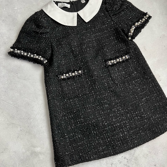 Luxelim sz 4 Lucy Dress & matching bow black Tweed white pearl trim - Picture 5 of 10
